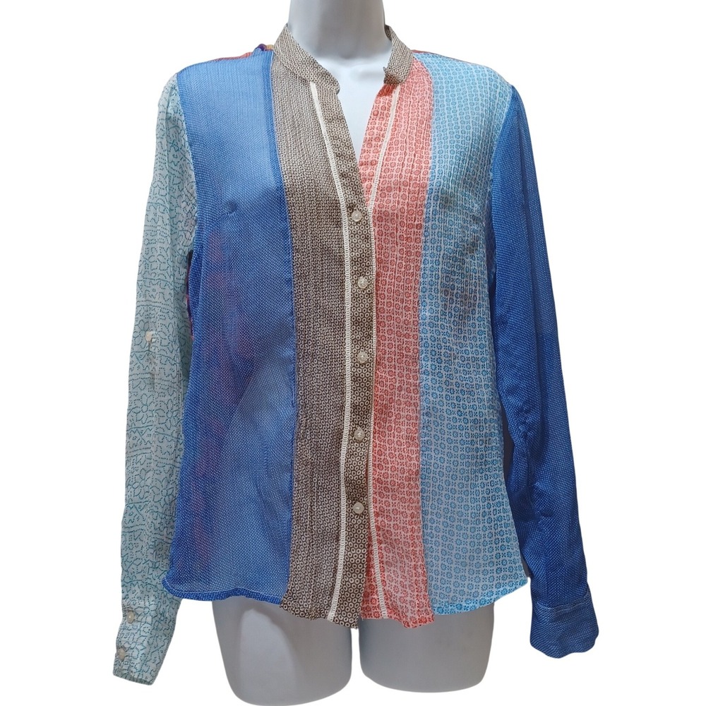 Desigual Women M Sheer Patchwork Embroidered Button Blouse Artsy Boho Maximalist